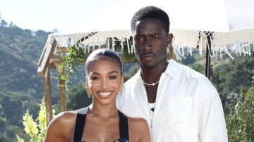 HOLLYWOOD, CALIFORNIA - AUGUST 15: Lori Harvey and Damson Idris attends Lori Harvey partners with REVOLVE to launch her new brand, Yevrah Swim, at Villa Fiona on August 15, 2023 in Hollywood, California.