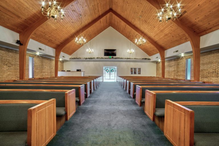 An architectural image of the sanctuary of a church.