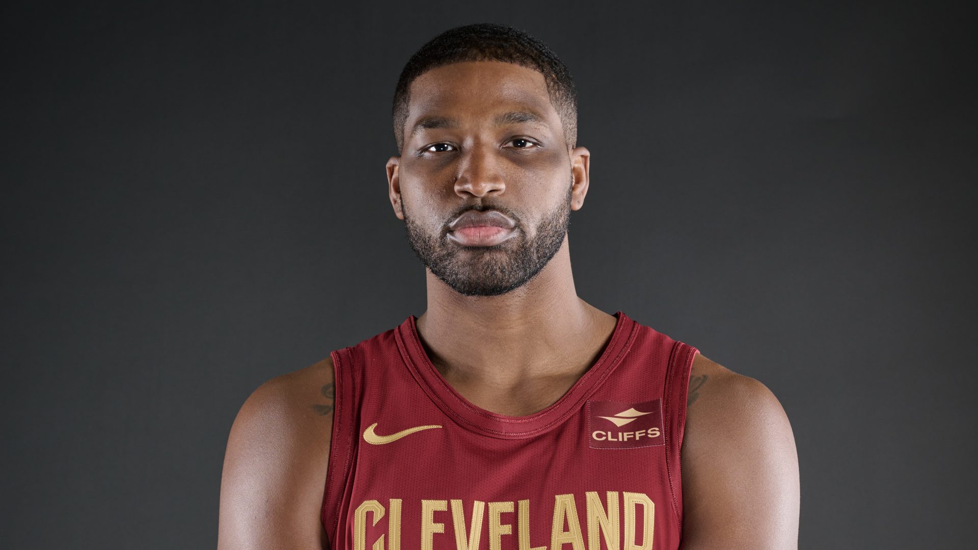 CLEVELAND, OHIO - OCTOBER 02: Tristan Thompson #12 of the Cleveland Cavaliers poses during media day at Rocket Mortgage Fieldhouse on October 02, 2023 in Cleveland, Ohio.