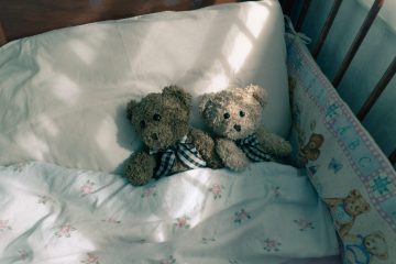 Two teddybears tucked in to a toddler's cot bed. Teddybears are on the linen surround as well.