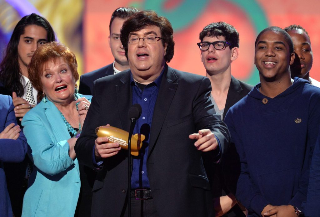 Quiet On Set/LOS ANGELES, CA - MARCH 29: Producer Dan Schneider (L) and actors from his shows speak onstage during Nickelodeon's 27th Annual Kids' Choice Awards held at USC Galen Center on March 29, 2014 in Los Angeles, California.